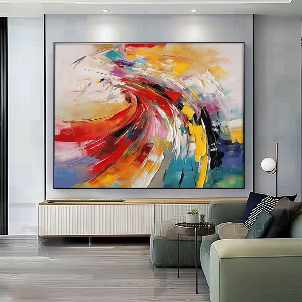 Bright Modern Abstract Canvas Painting Big Texture Colorful Abstract Wall Art Framed For Living Room