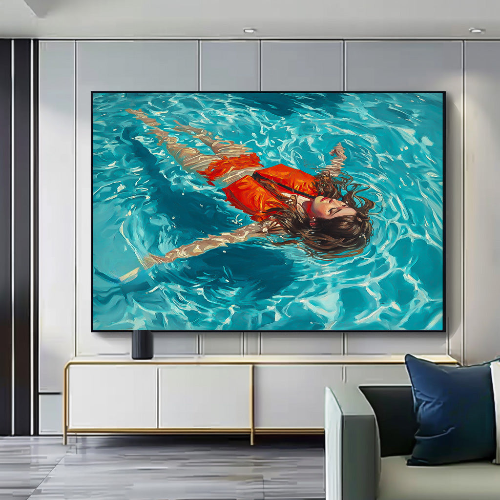 Large Color Artwork Original Girl Diving Oil Painting Diving In Ocean Sensual Woman Swimming Wall Art