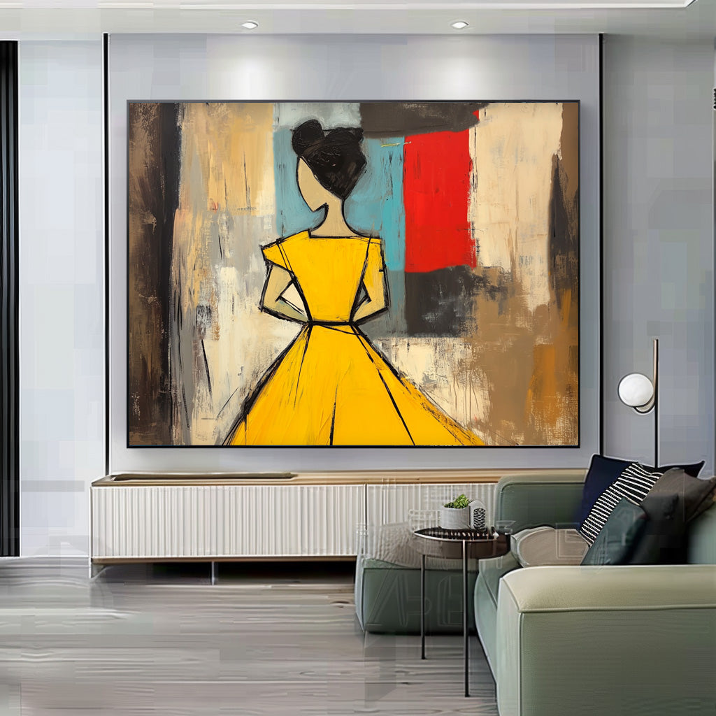 Contemporary Horizontal Wall Art Modern Minimal Abstract Lady Oil Painting Yellow Figure Contour Home Decor
