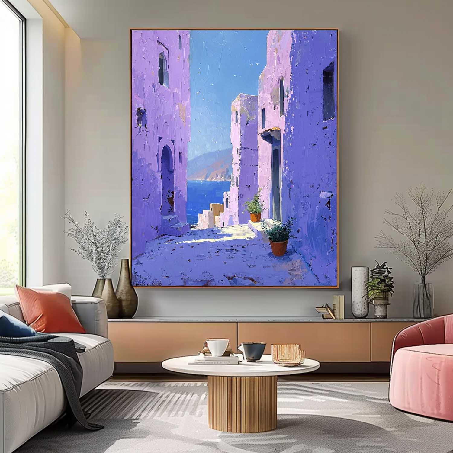 Dreamy Purple Building Large Alley Wall Art Original Modern Oil Painting On Canvas Abstract House Art Home Decor