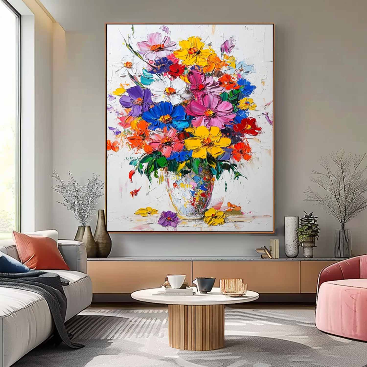 Colorful Flowers Acrylic Painting Canvas Large Textured Vase Art Original Floral Painting For Living Room