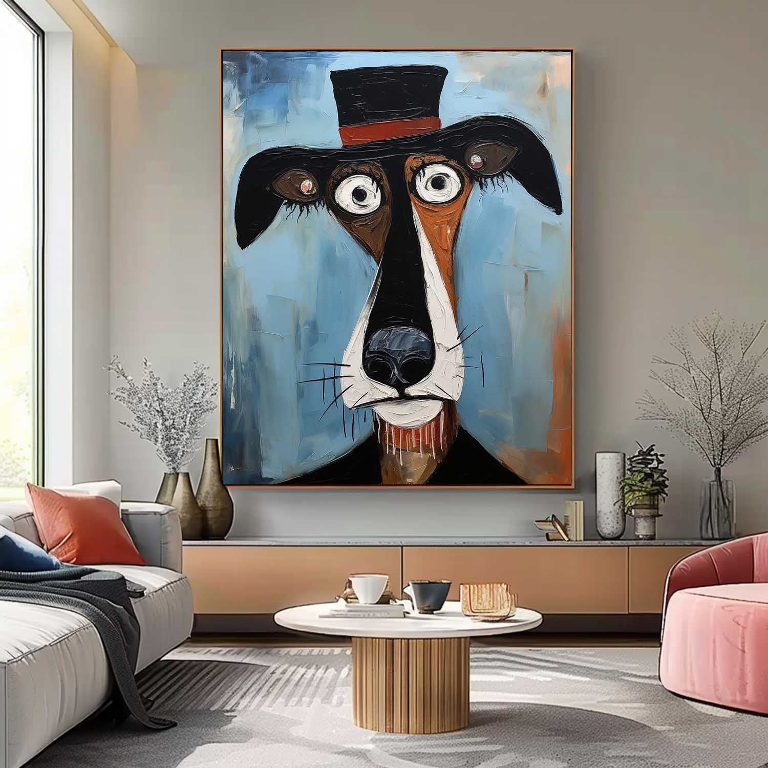 Puppy In A Hat Large Artwork Abstract Cute Dog Acrylic Painting Color Modern Oil Painting Home Decor
