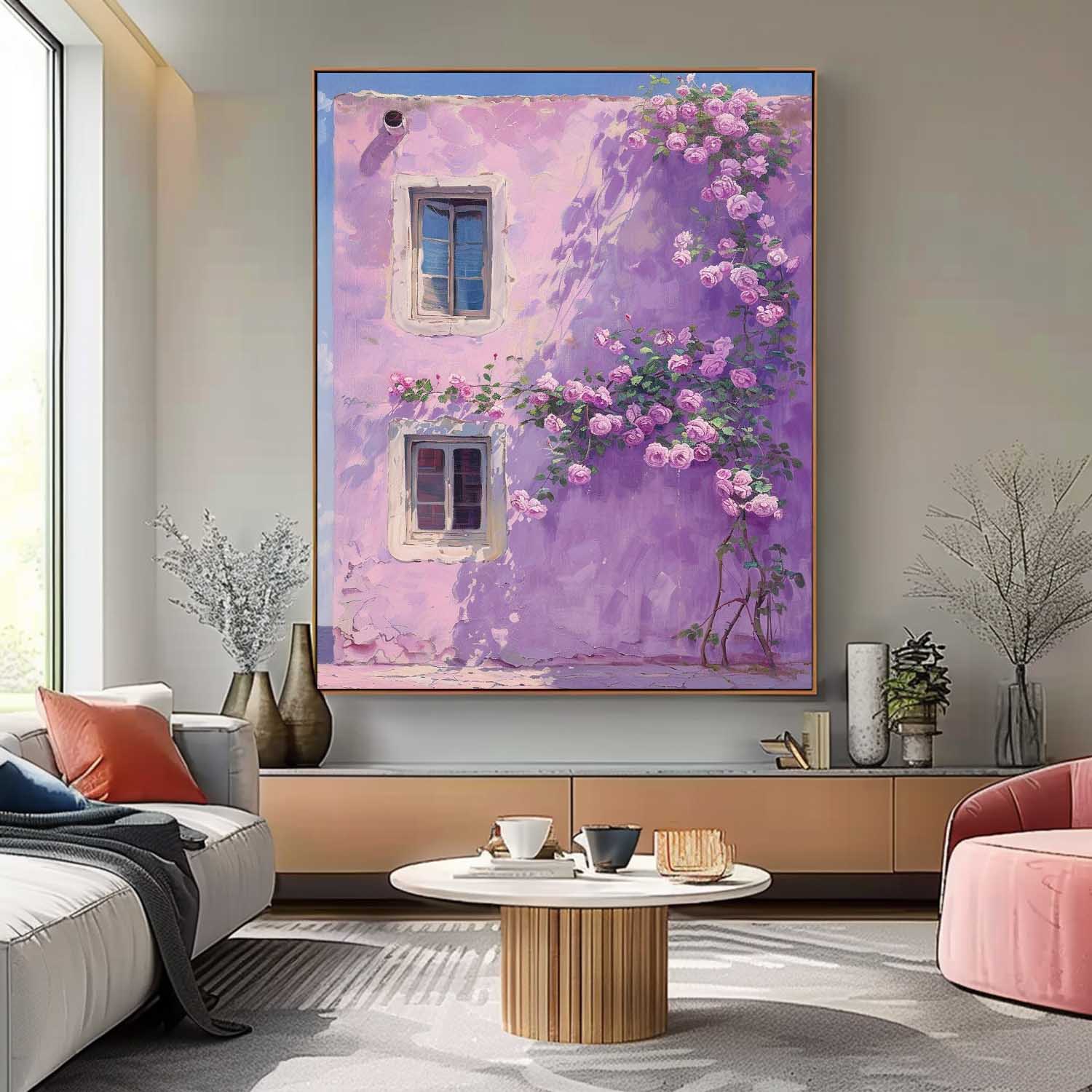 Original Floral Painting Flowers And Purple Building Acrylic Painting Canvas Large Textured Art Home Decor