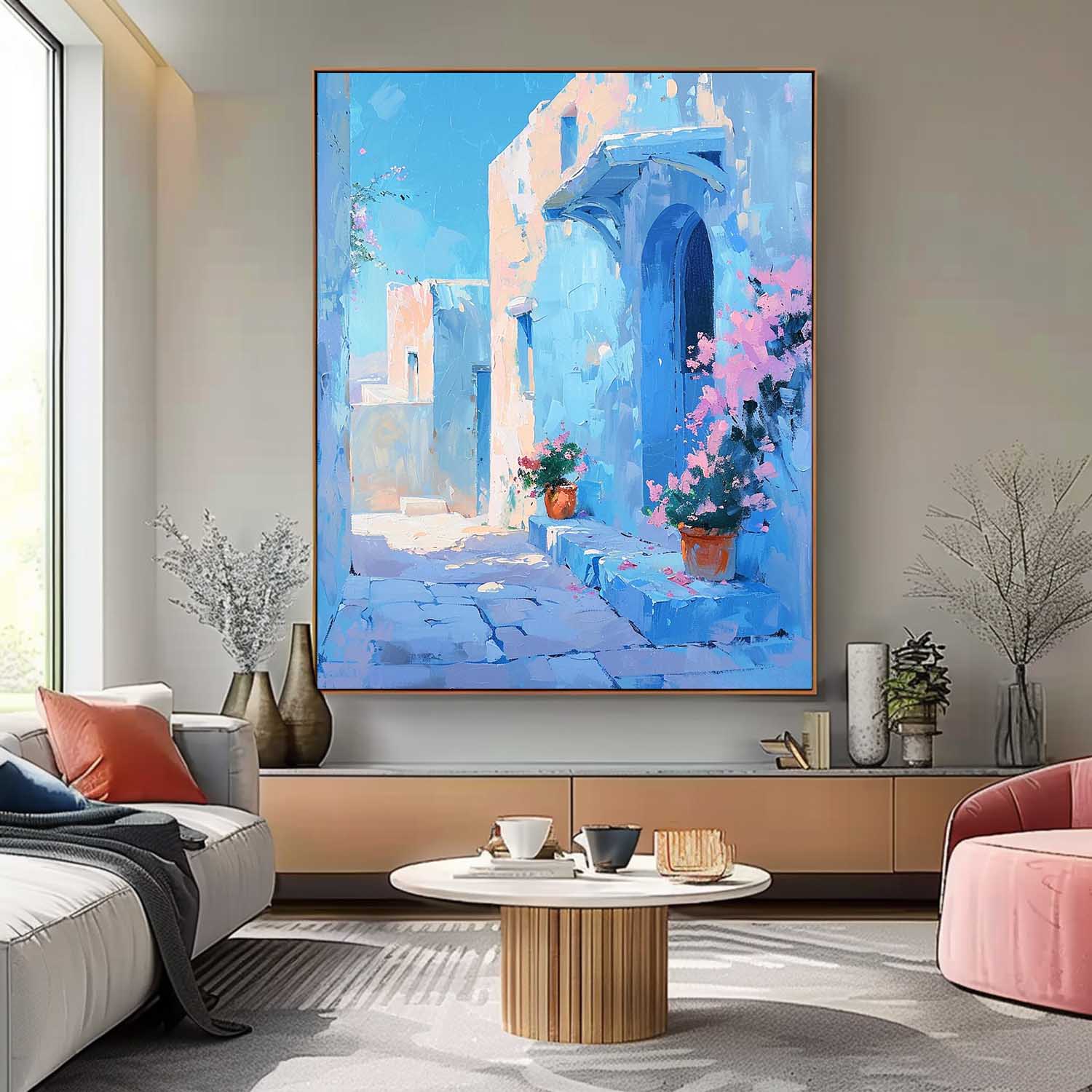 Large Alley Wall Art Original Modern Oil Painting On Canvas Dreamy Blue Building Abstract House Art Home Decor