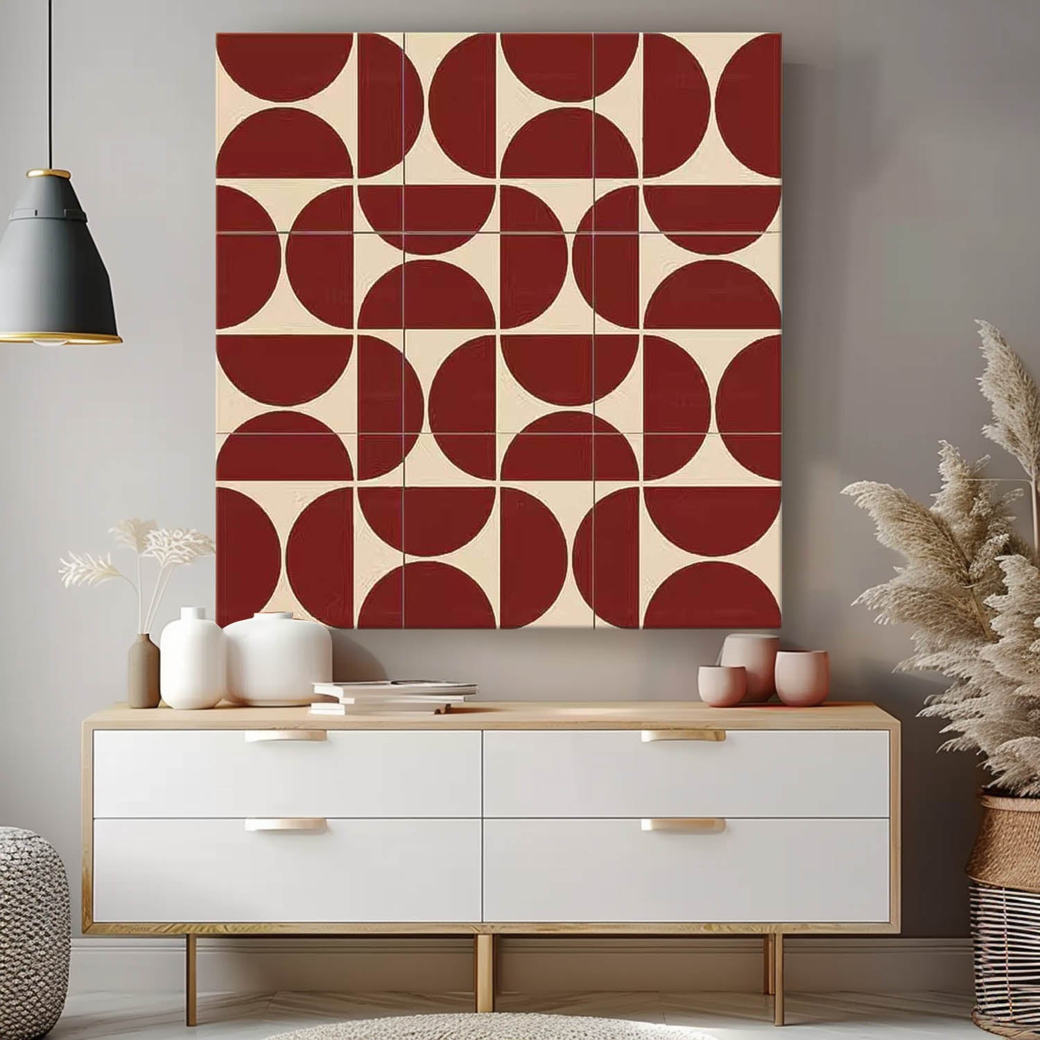 Red Geometry Modern Minimalist Canvas Acrylic Painting Large Regular Semicircle Abstract Artwork