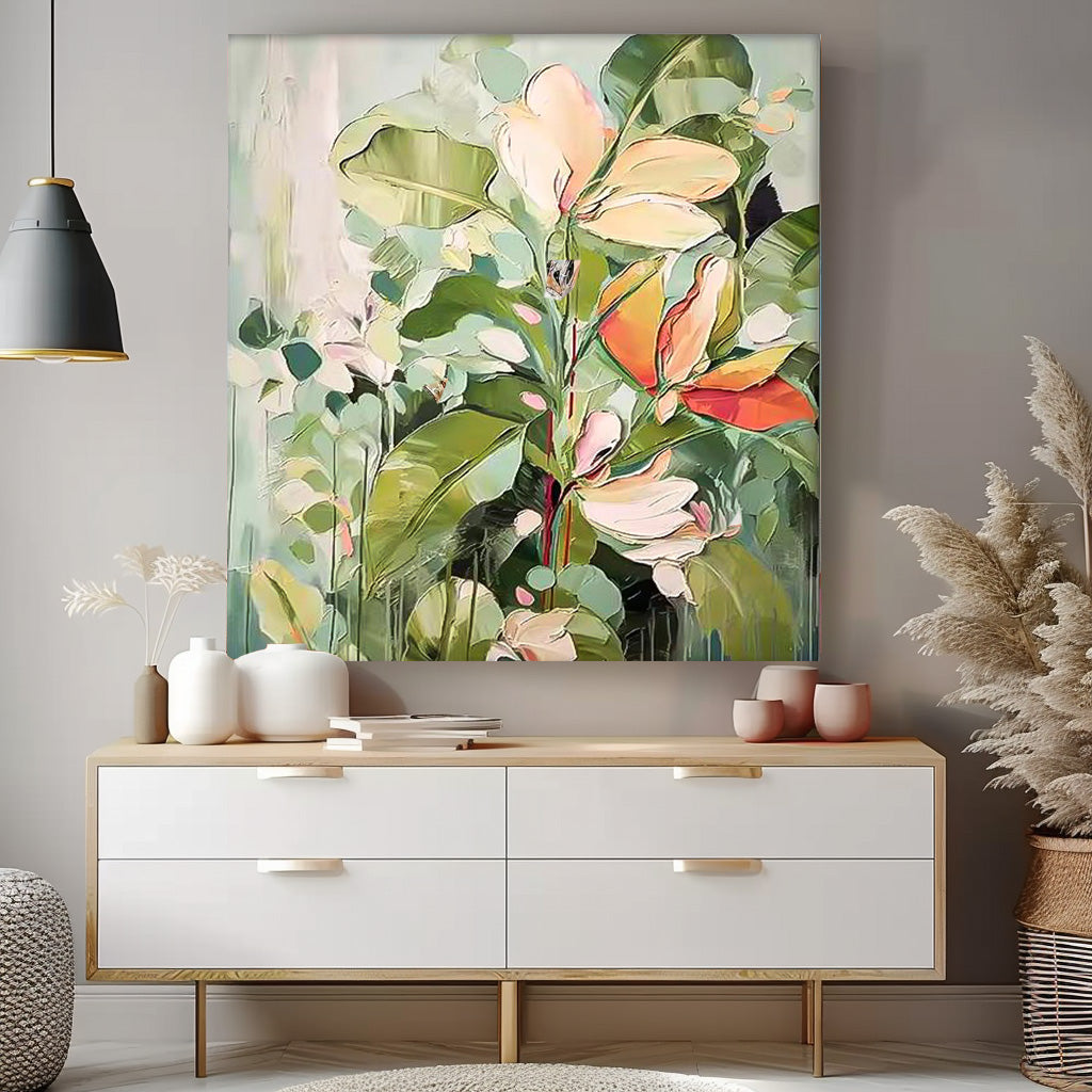 Square Green Acrylic Painting Lovely Original Flowers Abstract Wall Art Modern Floral Oil Painting On Canvas