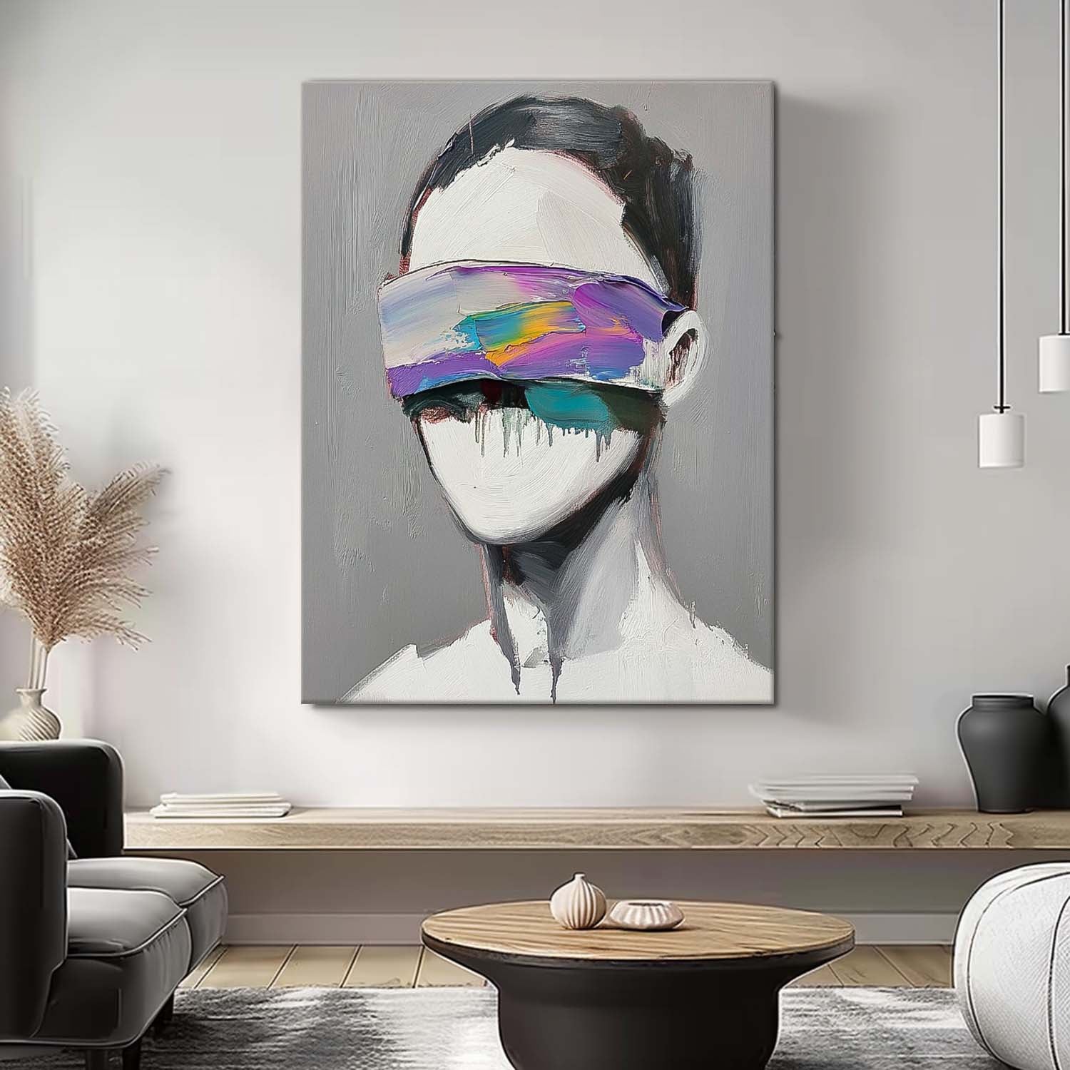Original Faceless Portrait Contemporary Wall Art Large Grey Acrylic Painting Framed Abstract Artwork