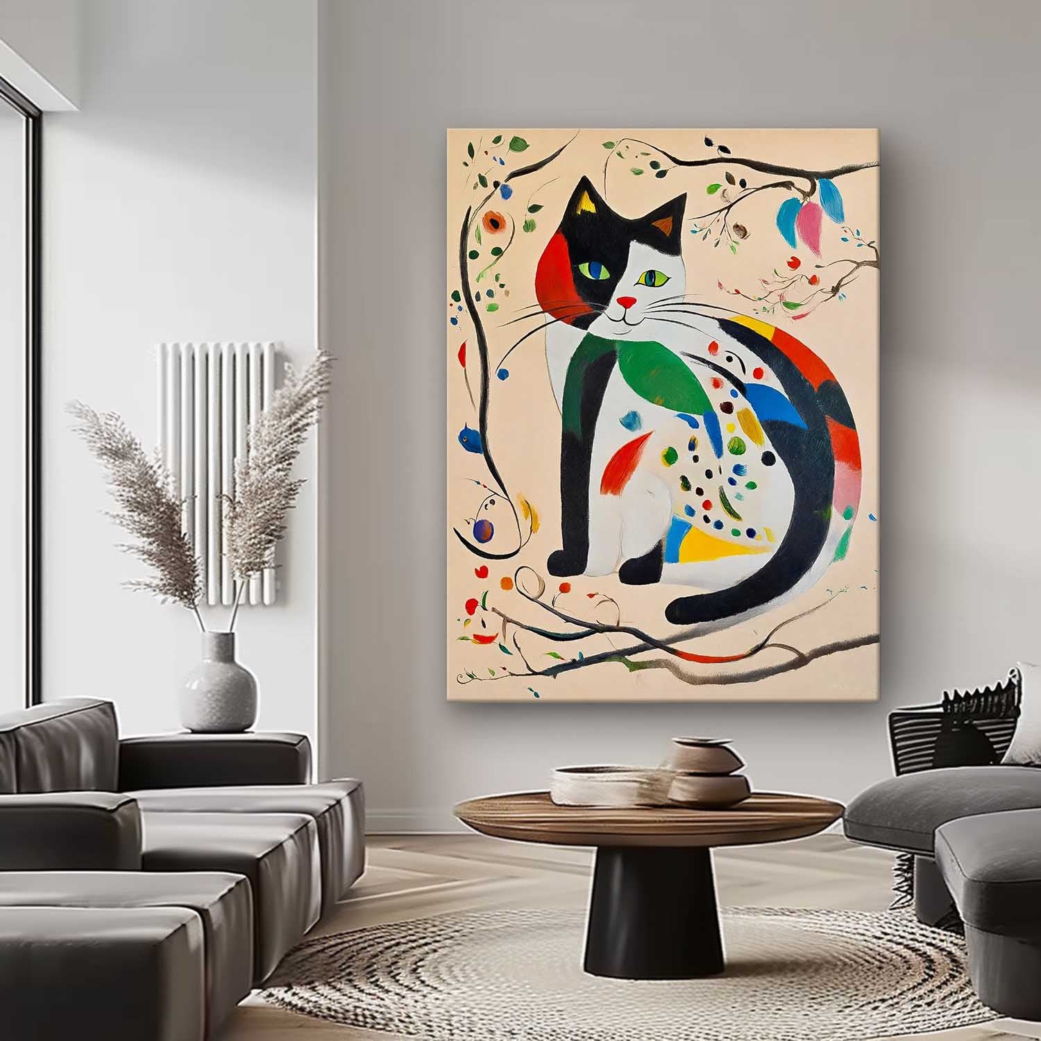 Modern Cat Oil Painting Framed Artwork Joan Miró Style Abstract Cat Childlike Oil Painting Large Cat Pop Art