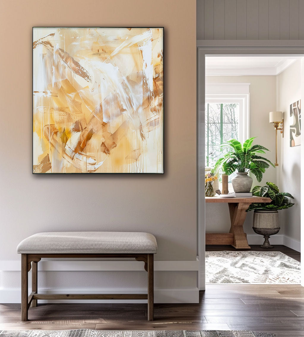 Bright Yellow Oil Painting Square Texture Abstract Acrylic Painting On Canvas Oversize Wall Art Home Decor