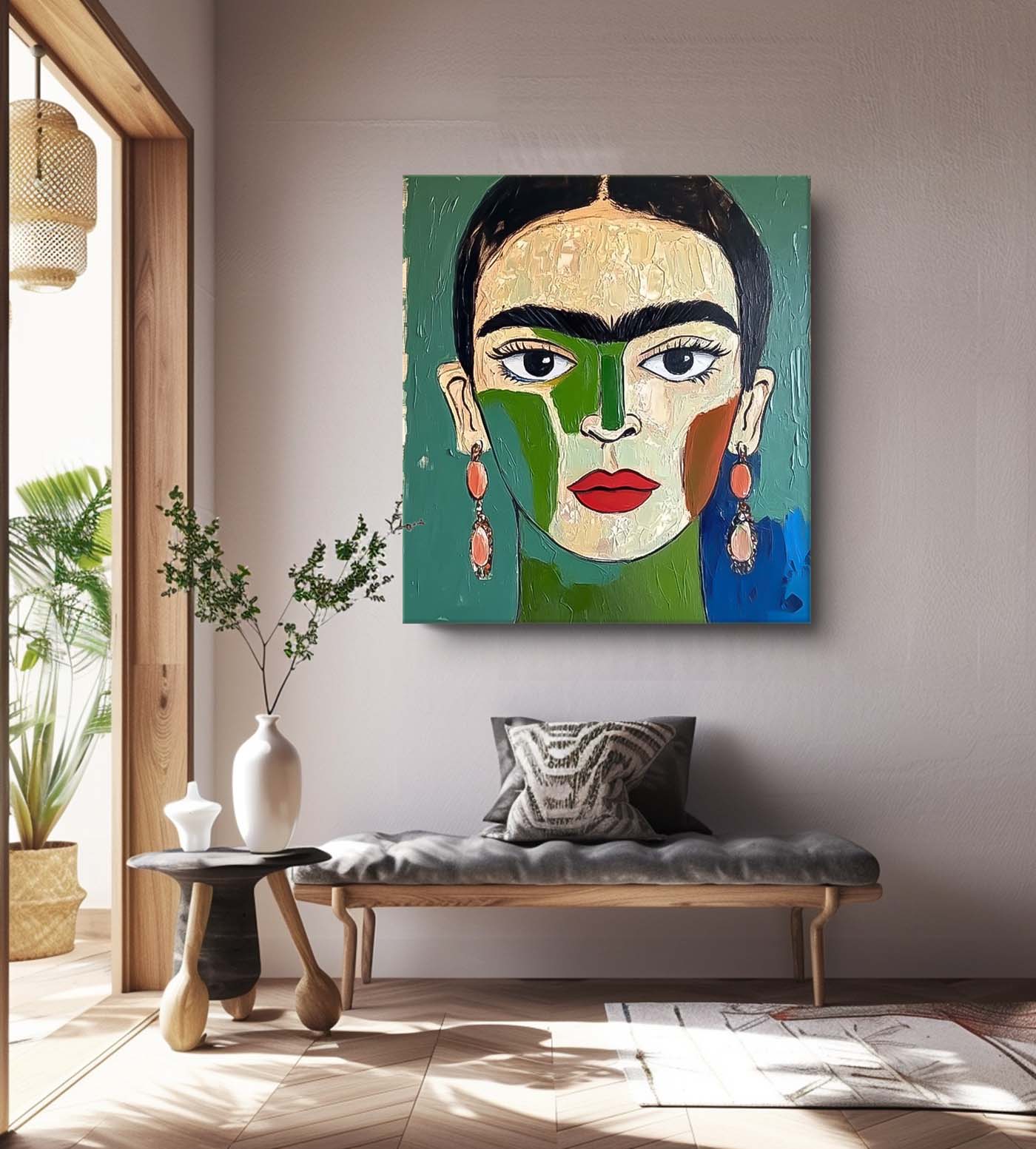 Origina Figure Acrylic Painting Canvas Green Face Abstract Wall Art Square Large Portrait Artwork