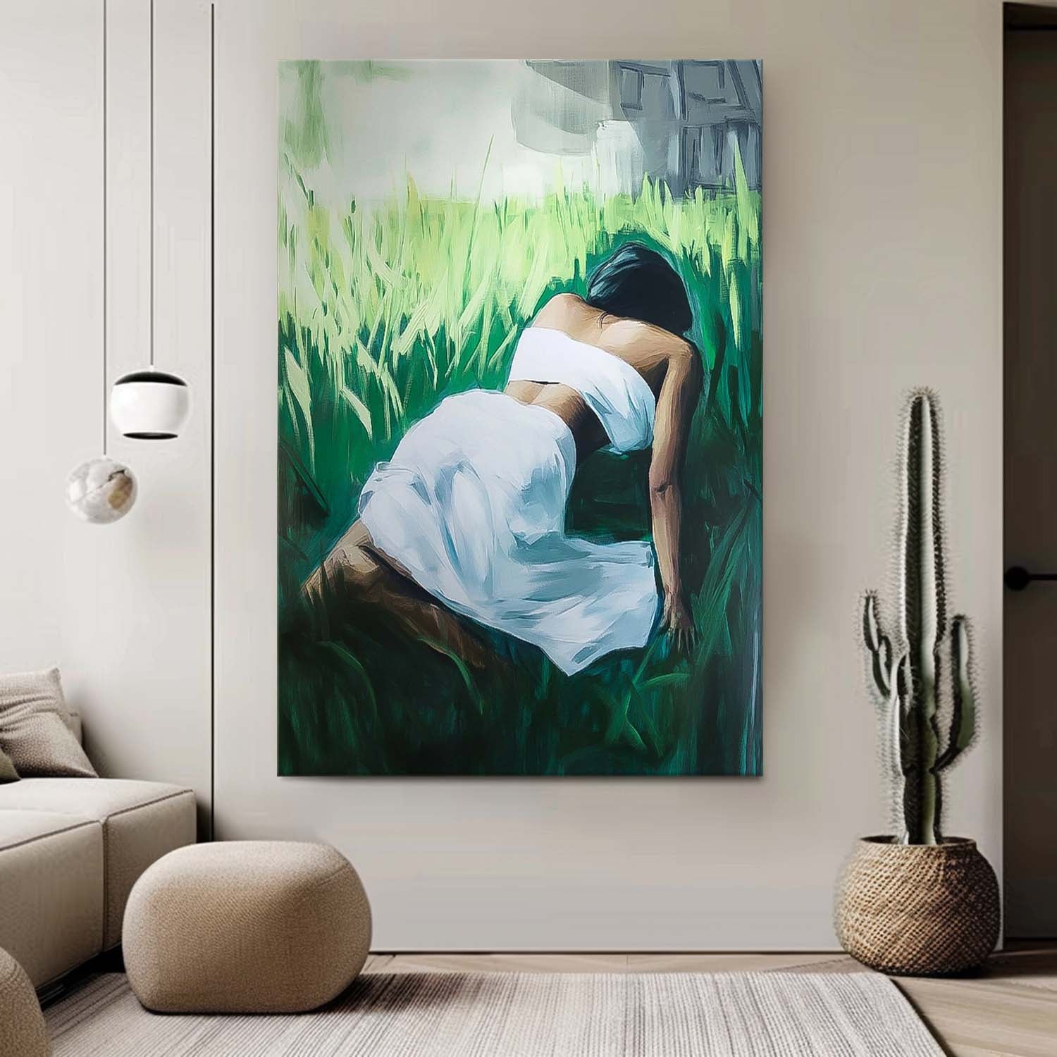 Large Woman In The Grass Artwork Girl Back Wall Art painting Abstract Lady Acrylic Painting Home Decor