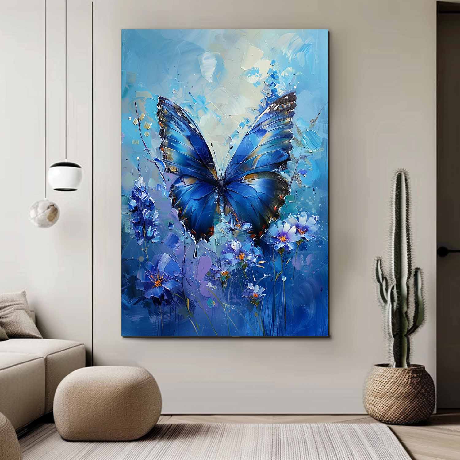 Modern Texture Oil Painting Framed Original Artwork Impressionist Lovely Butterfly Wall Art Blue Oil Painting