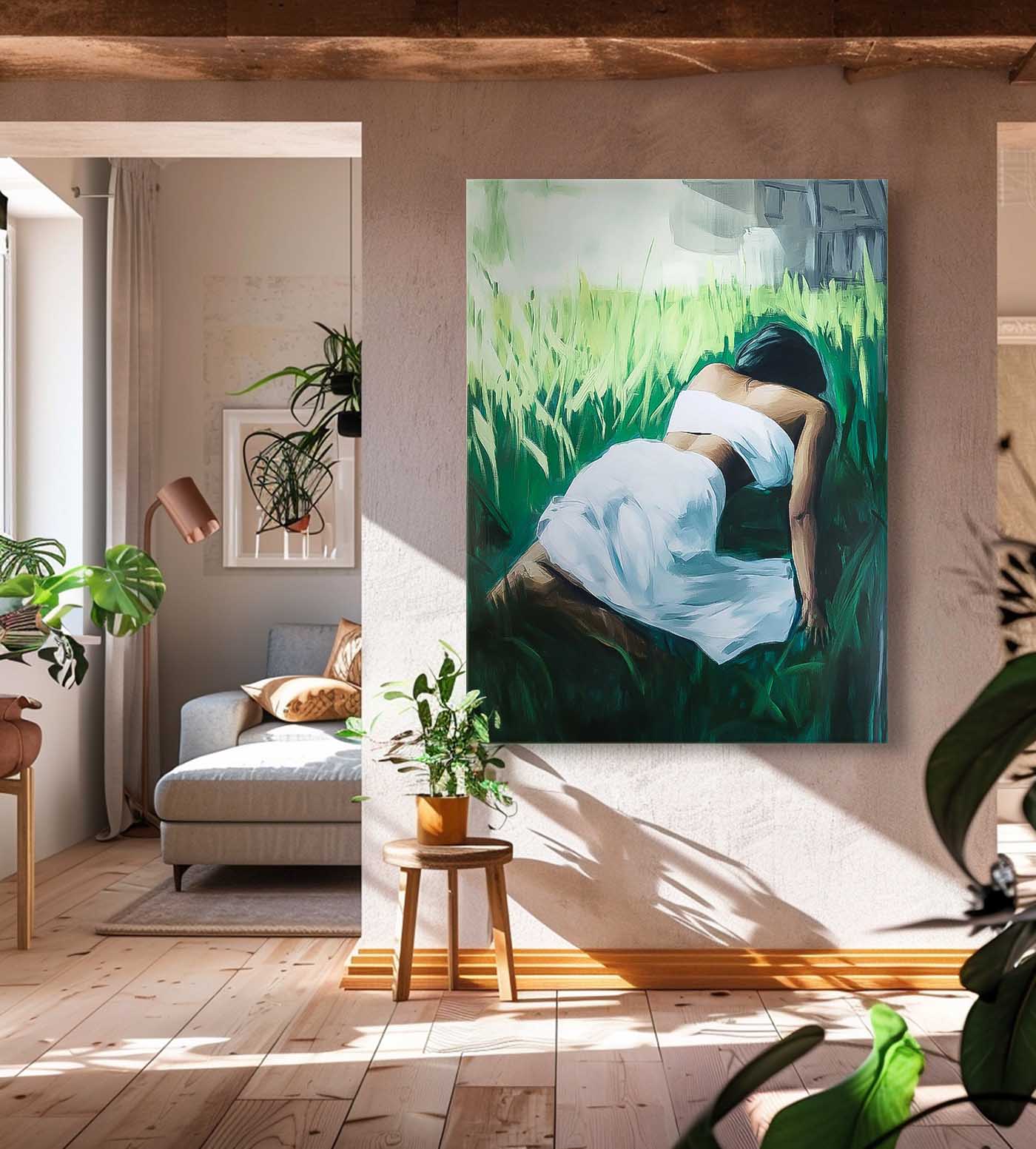 Large Woman In The Grass Artwork Girl Back Wall Art painting Abstract Lady Acrylic Painting Home Decor