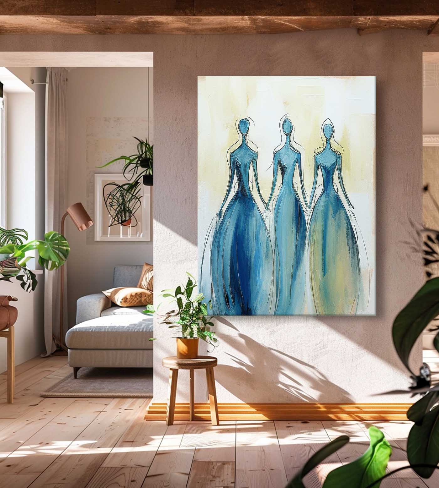 Modern Blue Minimal Abstract Painting Figure Neutral Wall Decor Line Contemporary Gallery Wall Art