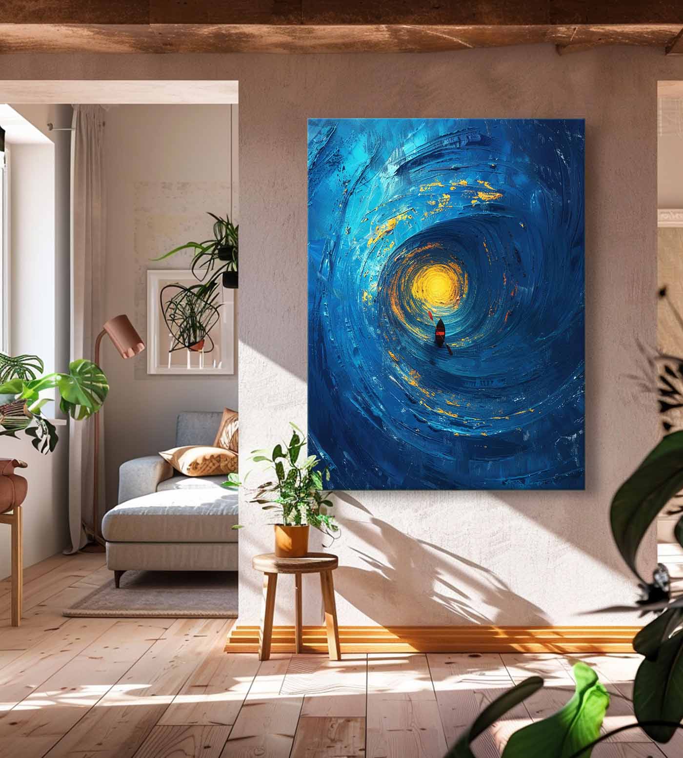 Large Vortex Wall Art Blue Original Abstract Beach Oil Painting On Canvas Texture Artwork Home Decor