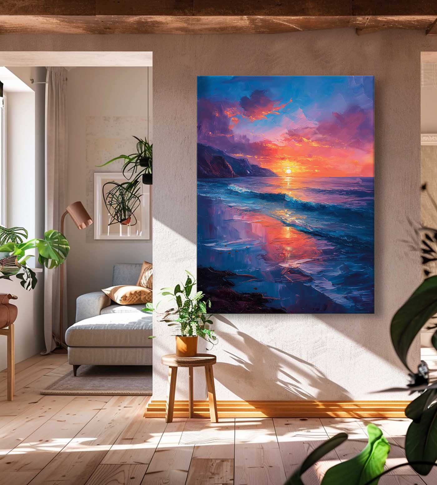 Large Sea Wall Art Original Abstract Beach Oil Painting On Canvas Texture Sunset Artwork Home Decor