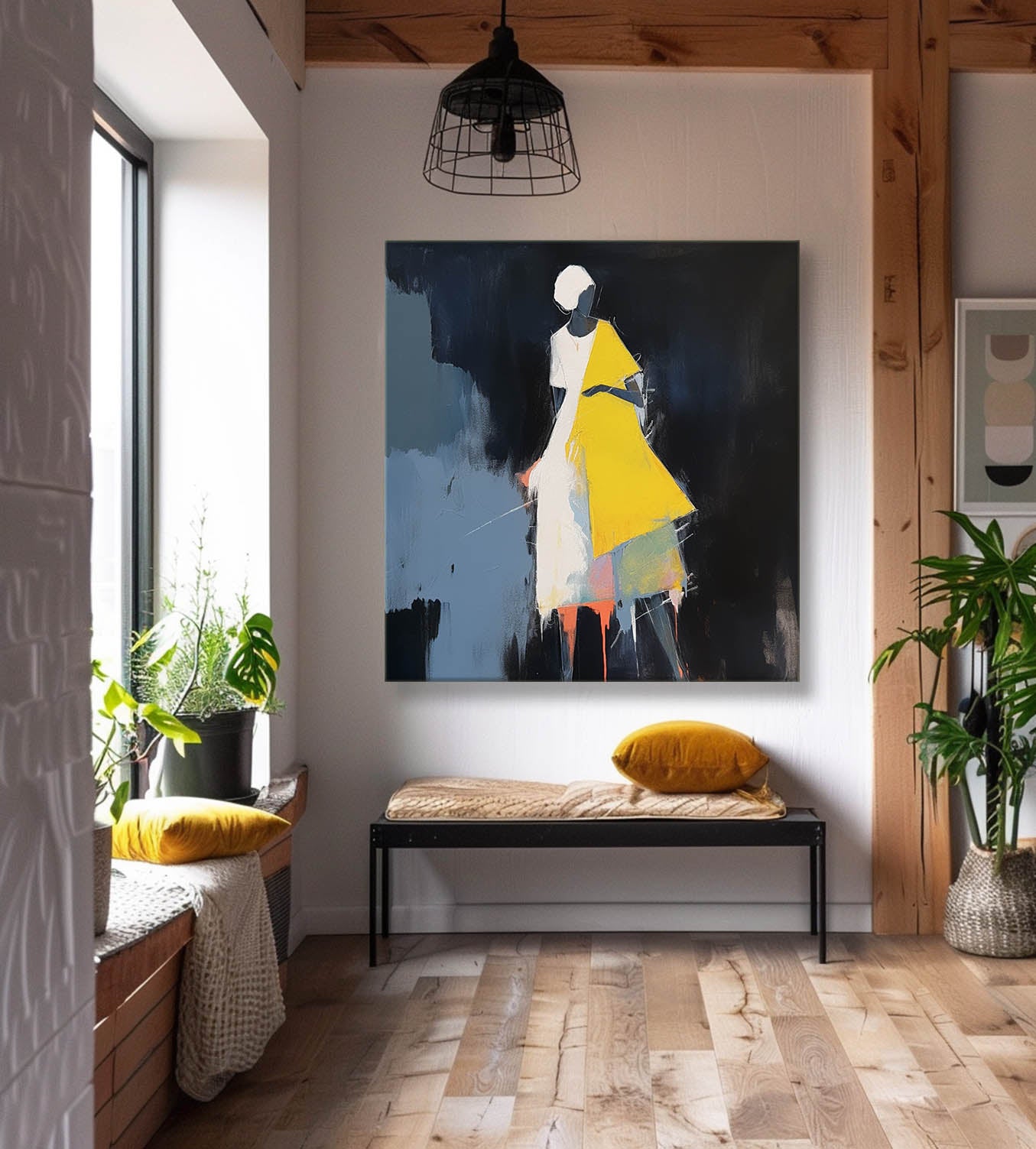 Black And Yellow Abstract people's Wall Art Original Character Outline Painting Canvas Large Square Artwork