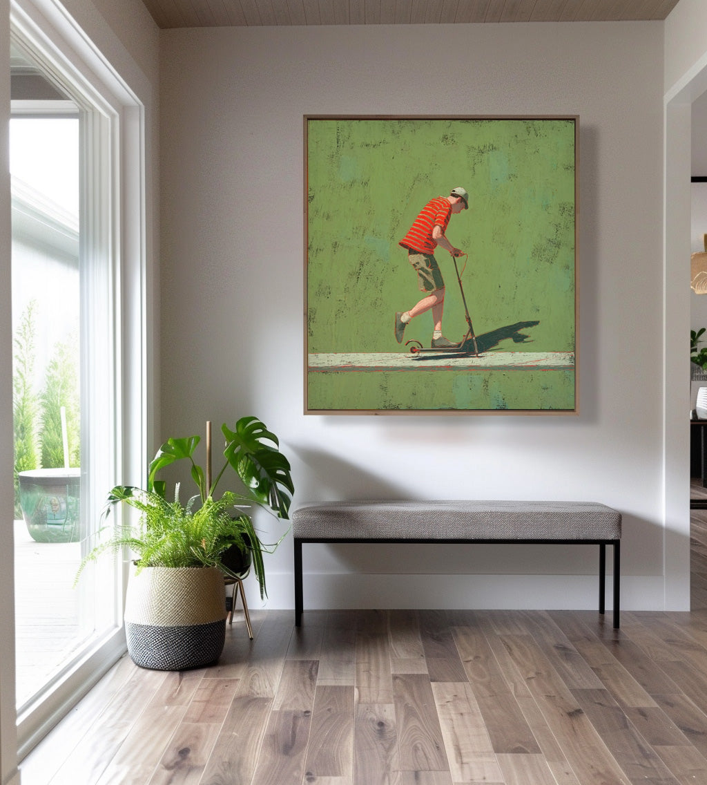 Abstract Warm And Peaceful Atmosphere Landscape Green Wall Art Minimalist Boy Riding A Scooter Painting