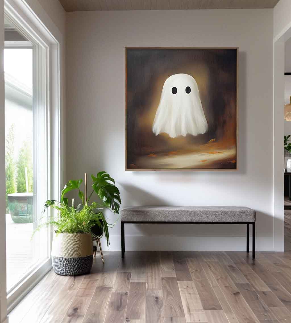 Large Cute Ghost Square Texture Abstract Wall Art Framed Modern Abstract Canvas Painting Holiday Decorations