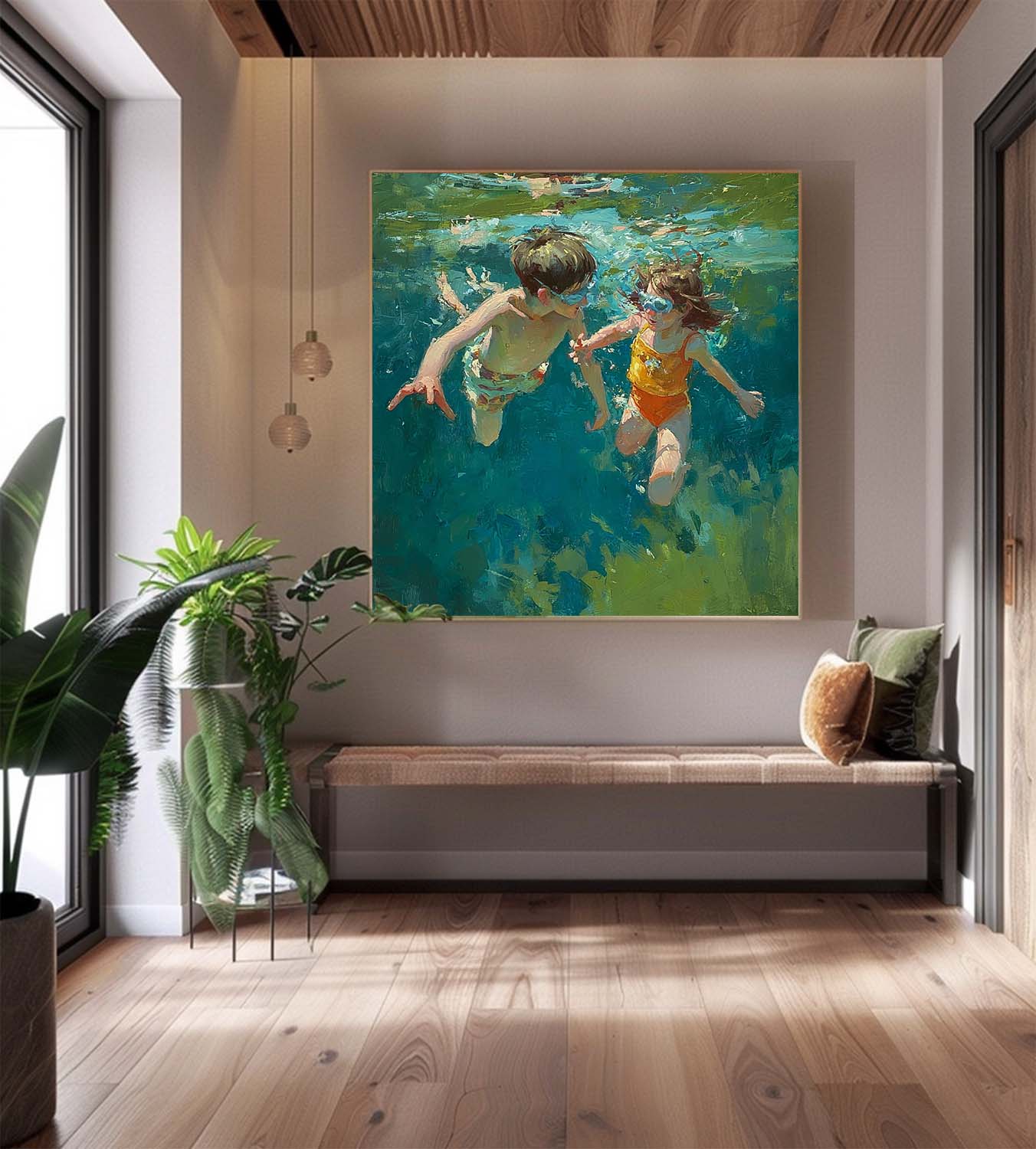 Square Diving In Ocean Acrylic Painting Two Children Artwork Original Child swimming Wall Art For Living Room