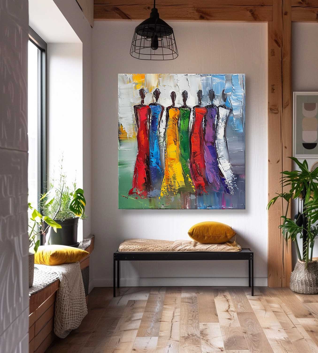 Colorful Abstract people's Wall Art Original Woman Character Outline Painting Canvas Large Square Artwork