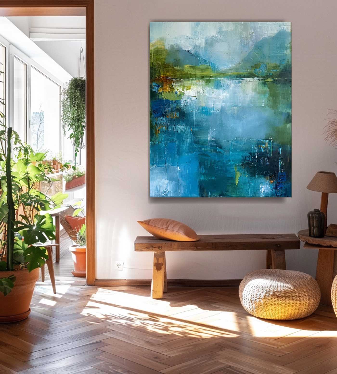 Original Green And Blue Vertical Scenery Painting Modern Landscape Wall Art Large Abstract Painting On Canvas