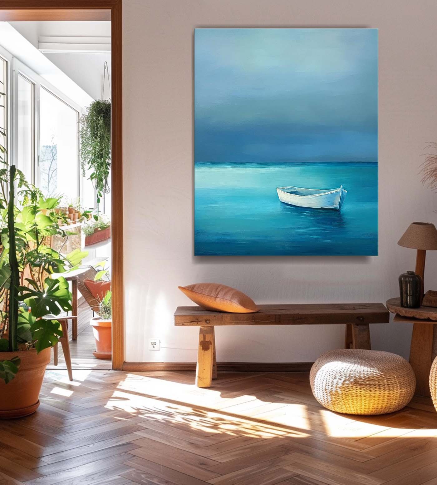 Seaside Landscape Artwork Abstract Offing Scenery Oil Painting Framed Large Small Boat Wall Art Home Decor
