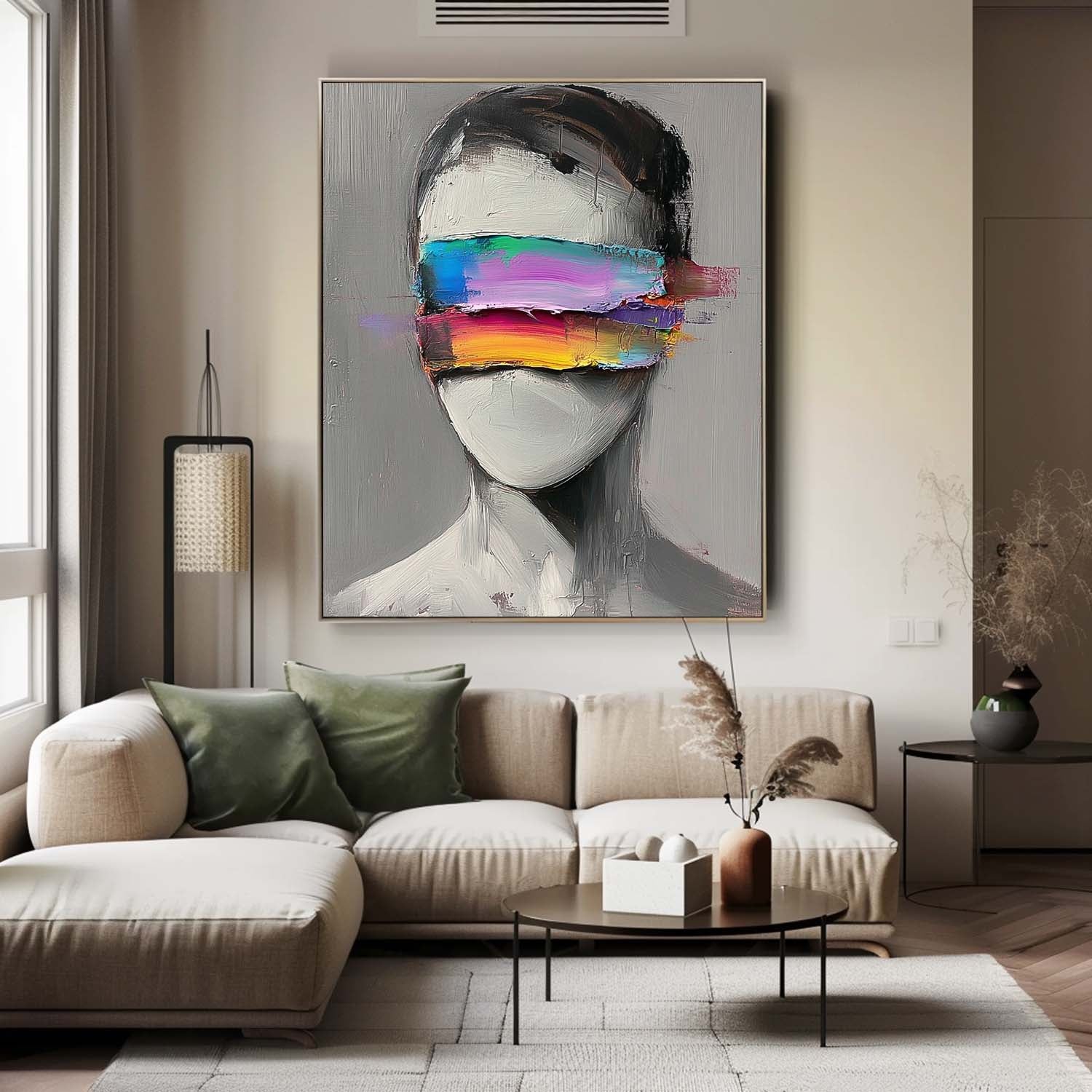 Large Grey Acrylic Painting Framed Original Faceless Portrait Contemporary Wall Art Abstract Artwork