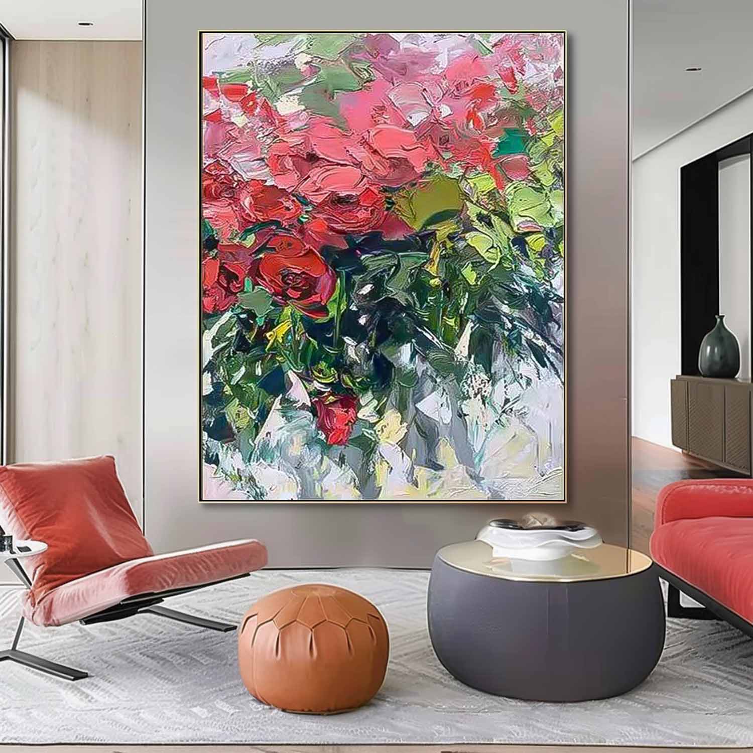 Contemporary Red Rose Wall Art Abstract Acrylic Painting On Canvas Large Rose Artwork On Sale