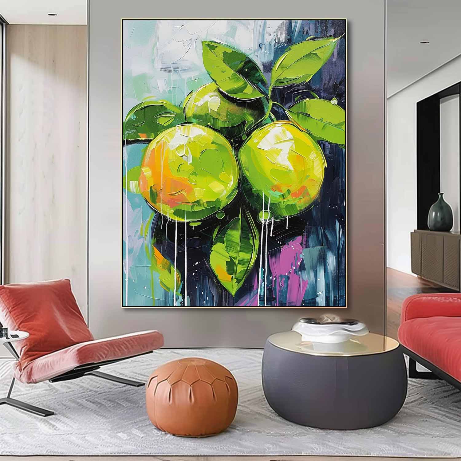 Large Lime Original Artwork Abstract Still Life Painting On Canvas Colorful Fruit Acrylic Painting Gift