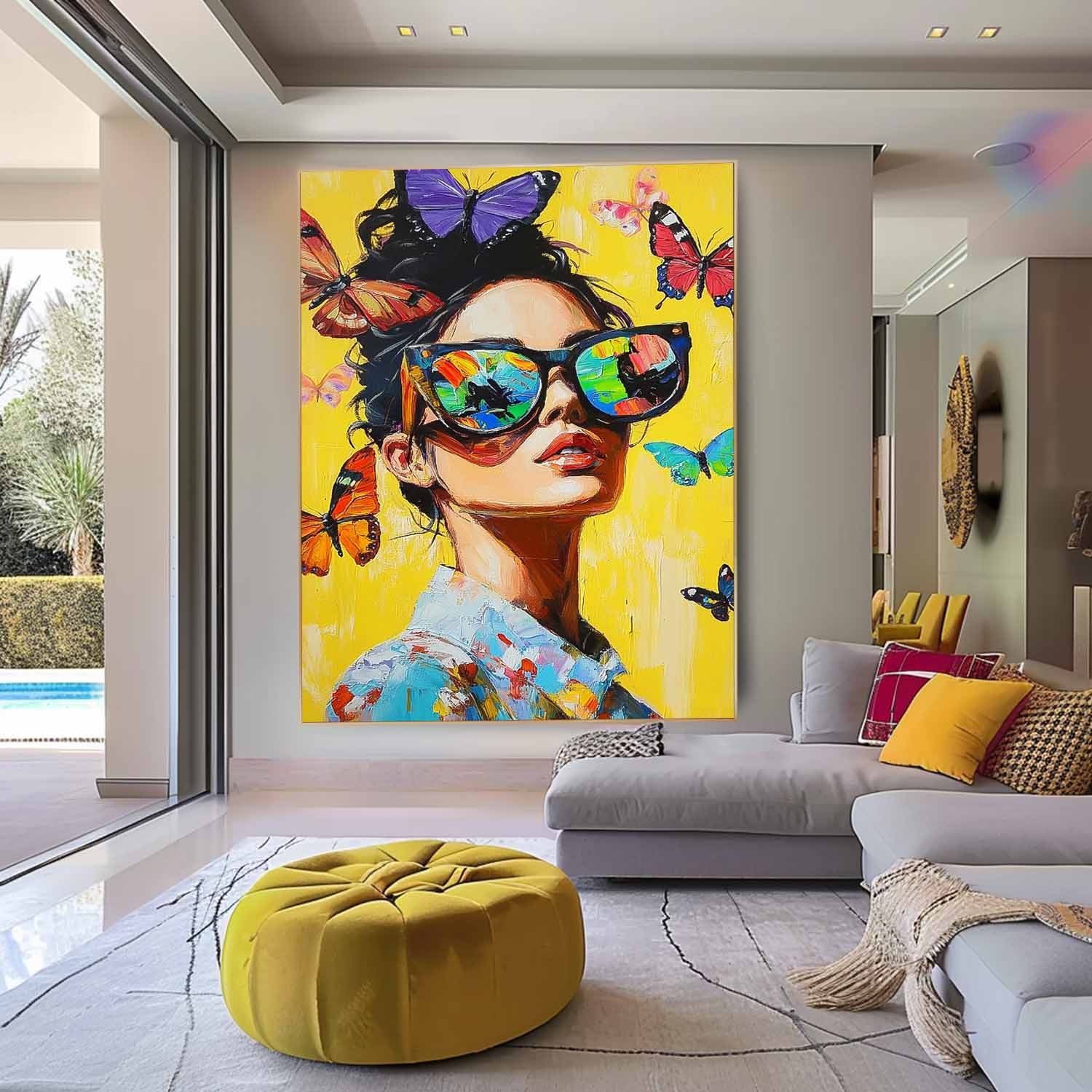 Vibrant Yellow Original Texture Girl Wall Art Abstract Butterfly Oil Painting On Canvas Lady Modern Artwork