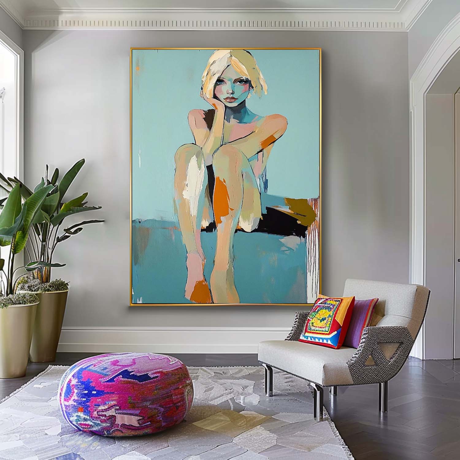 Large Girl Portrait Painting Abstract Lady Painting Woman Artwork Original Wall Art Framed Home Decor