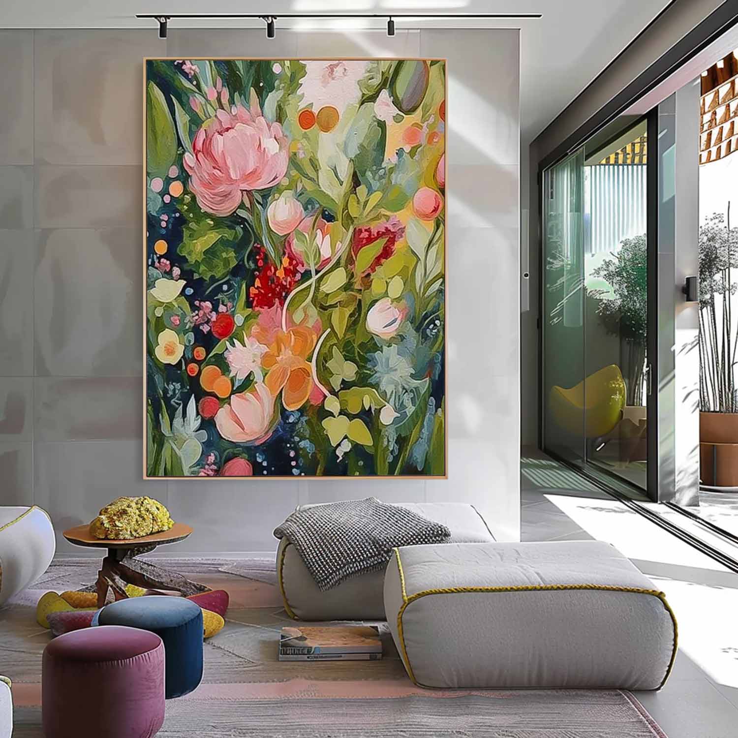 Original Green Flower Wall Art Abstract Boho Modern Floral Acrylic Painting On Canvas Living Room Wall Decor