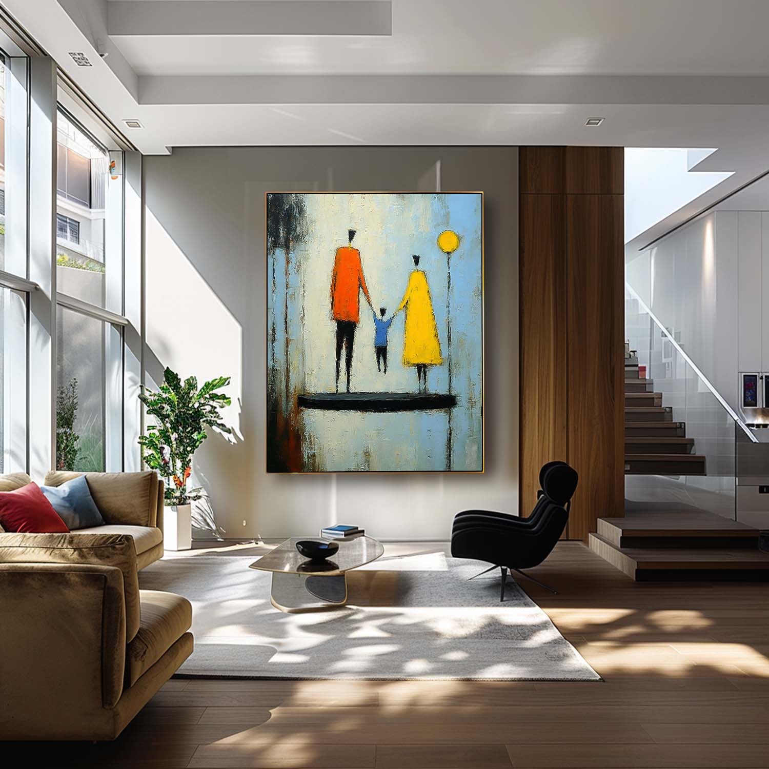 Minimalist Family Wall Art Modern Neutral Background Framed Original City Silhouette Oil Painting