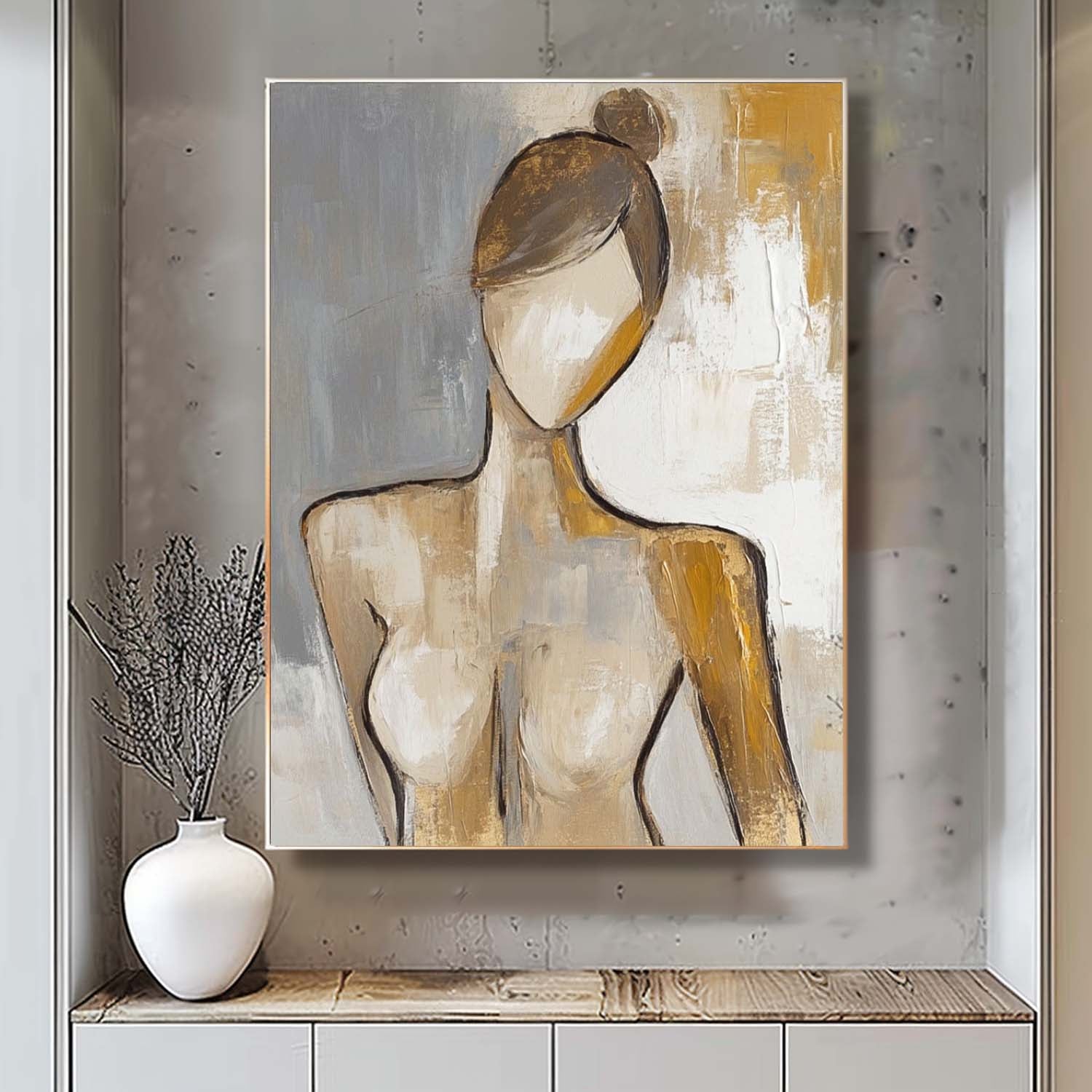 Original Contemporary Woman Wall Art Abstract Lady Artwork Large Character Outline Acrylic Painting Framed