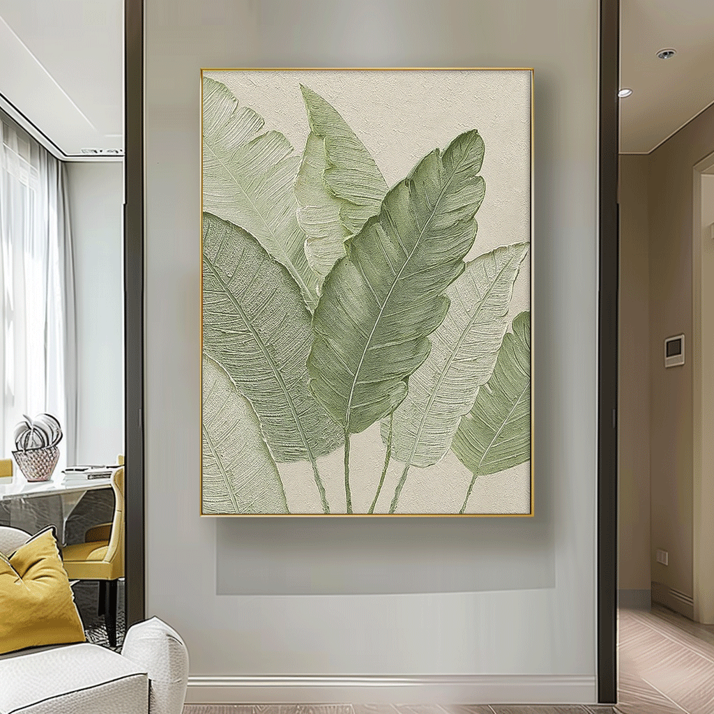 Large Thick Texture Abstract Green Leaf Paintings Modern Leaf Paintings Summer Painting Framed Wall Art
