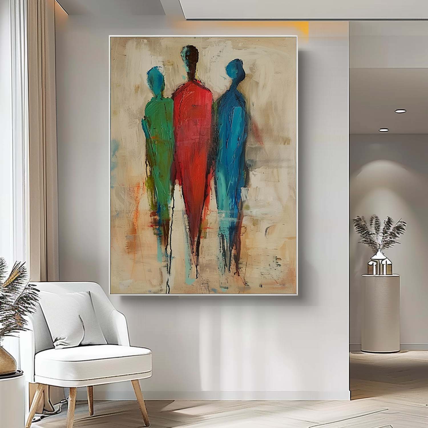 Original Three People Silhouettes Wall Art Large Figure Painting Retro Style Abstract Artwork For Living Room