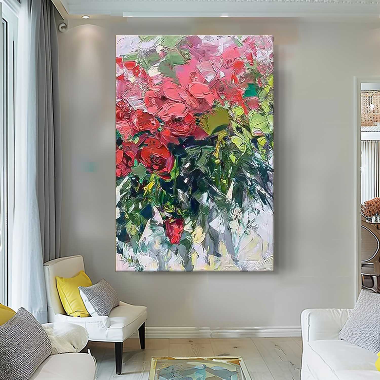 Contemporary Red Rose Wall Art Abstract Acrylic Painting On Canvas Large Rose Artwork On Sale