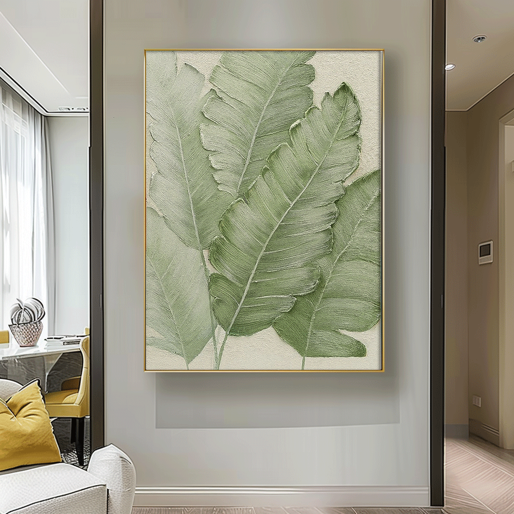 Large Thick Texture Abstract Green Leaf Paintings Contemporary Leaf Paintings Summer Painting Framed Wall Art