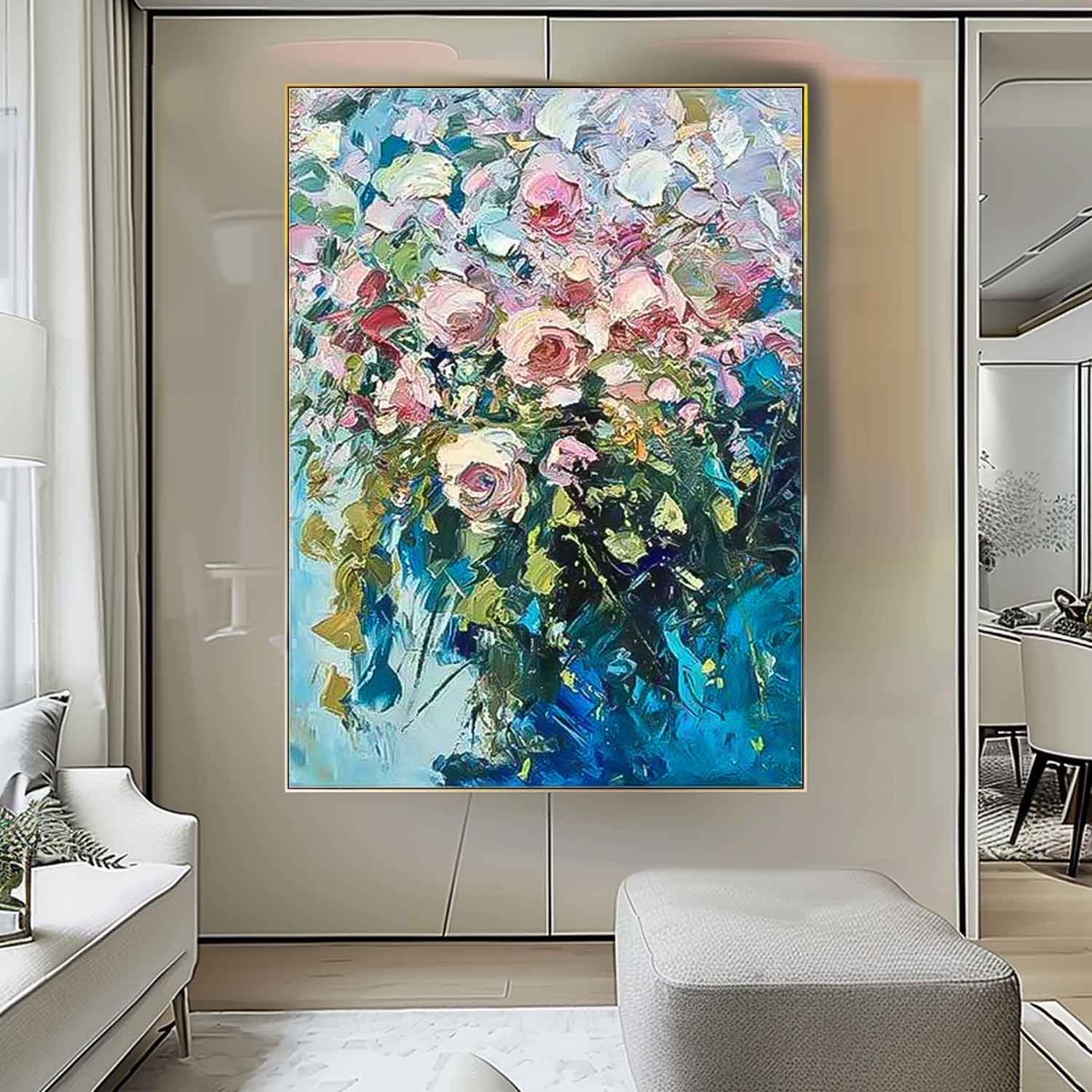 Pink Floral Abstract Acrylic Knife Painting On Canvas Contemporary Flower Wall Art Rustic Art