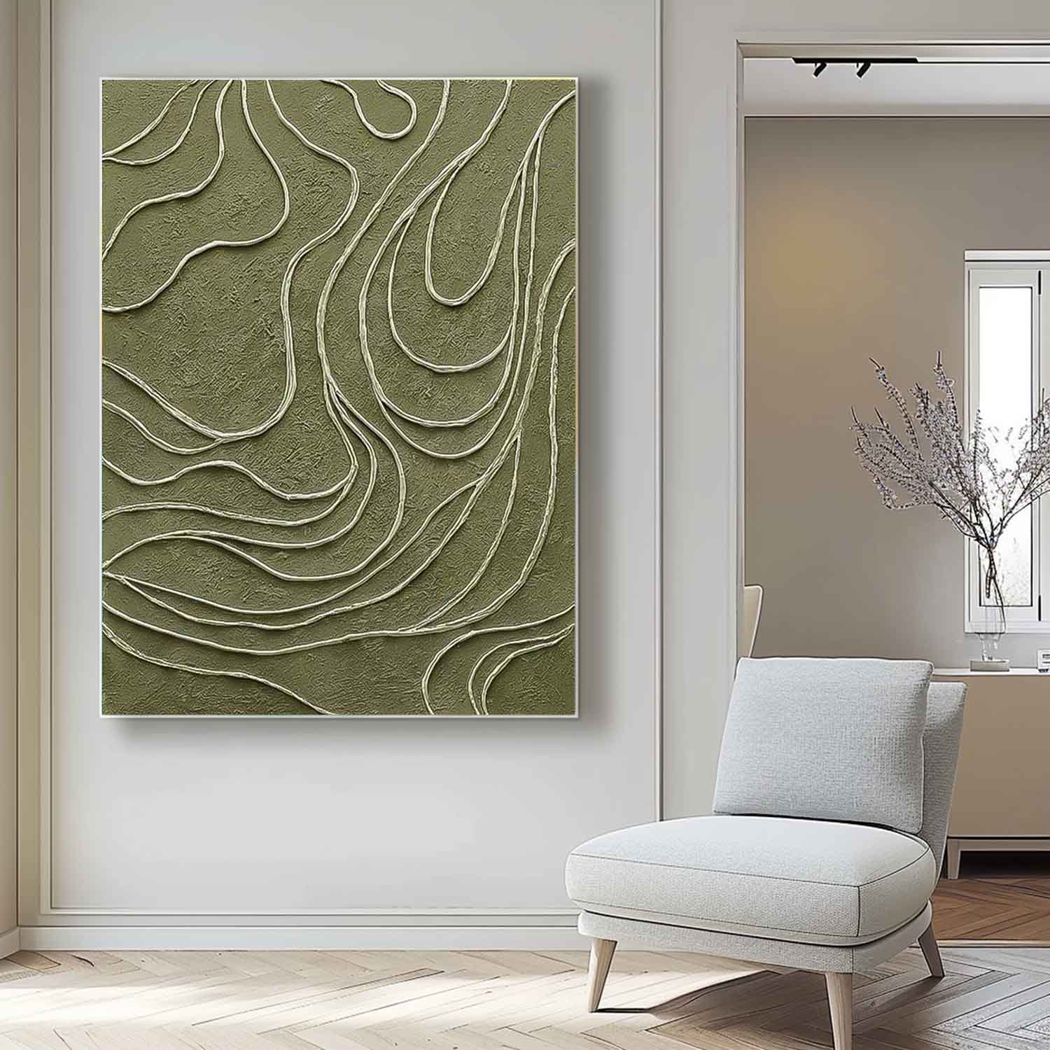 Original Hand-Painted Artwork Large Green Wall Art Minimalist lines Abstract Canvas Oil Painting