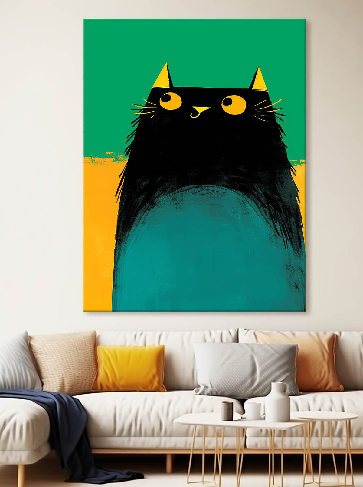 Modern Black Cat Animal Oil Painting Vibrant Yellow And Green Oil Painting Impressionist Kitty Wall Art