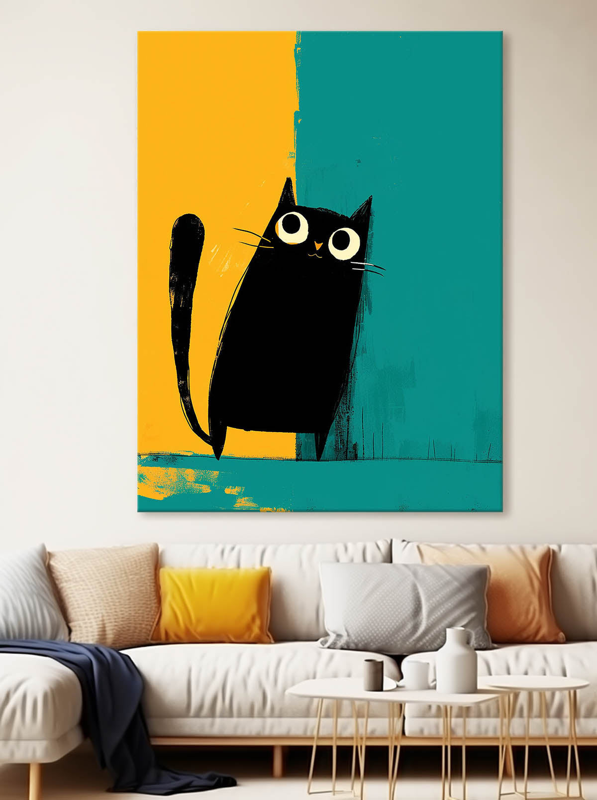 Vibrant Yellow And Green Oil Painting Modern Black Cat Animal Oil Painting Impressionist Kitty Wall Art