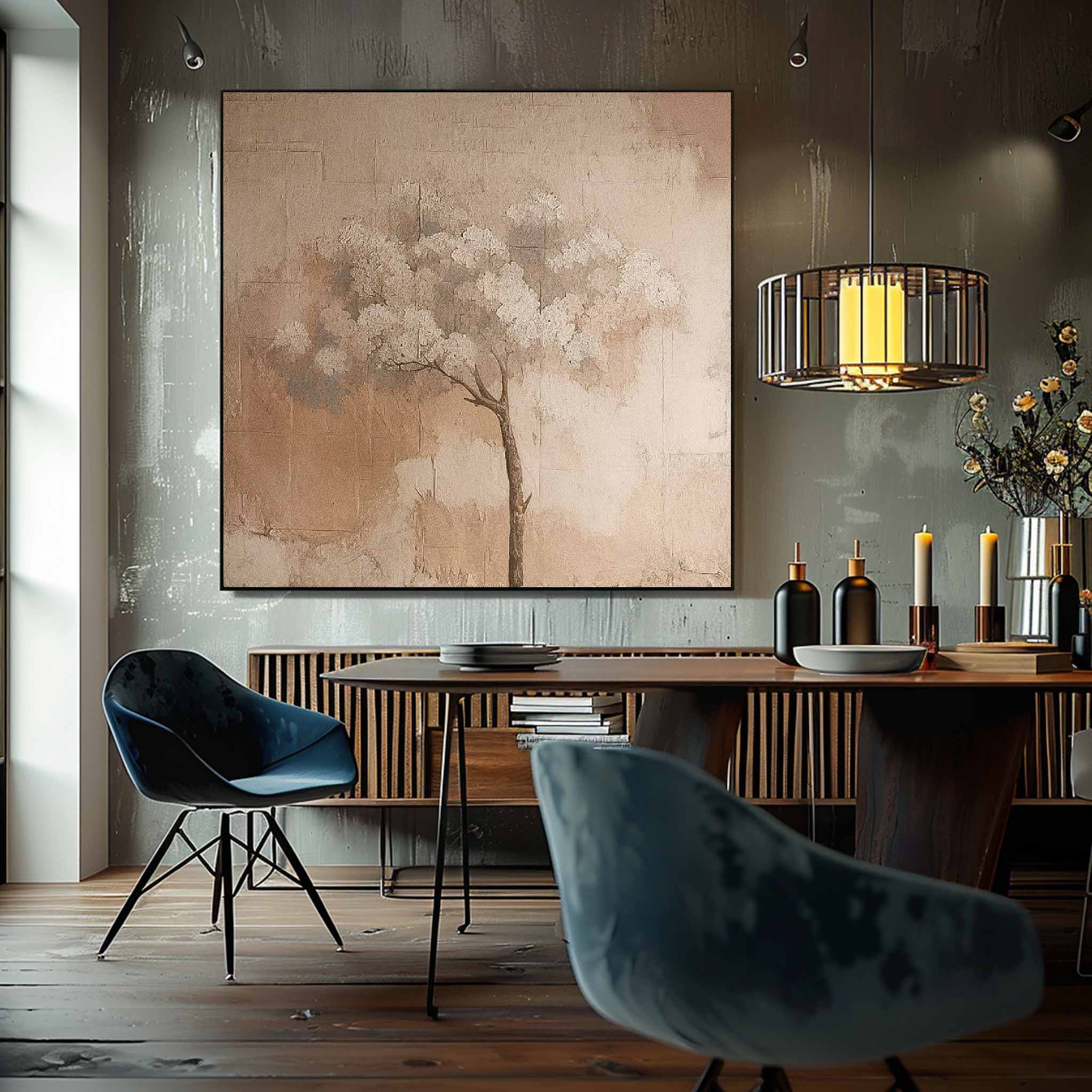 Original Cute Vintage Oil Painting On Canvas Abstract Tree Wall Art Square Acrylic Painting For Sale