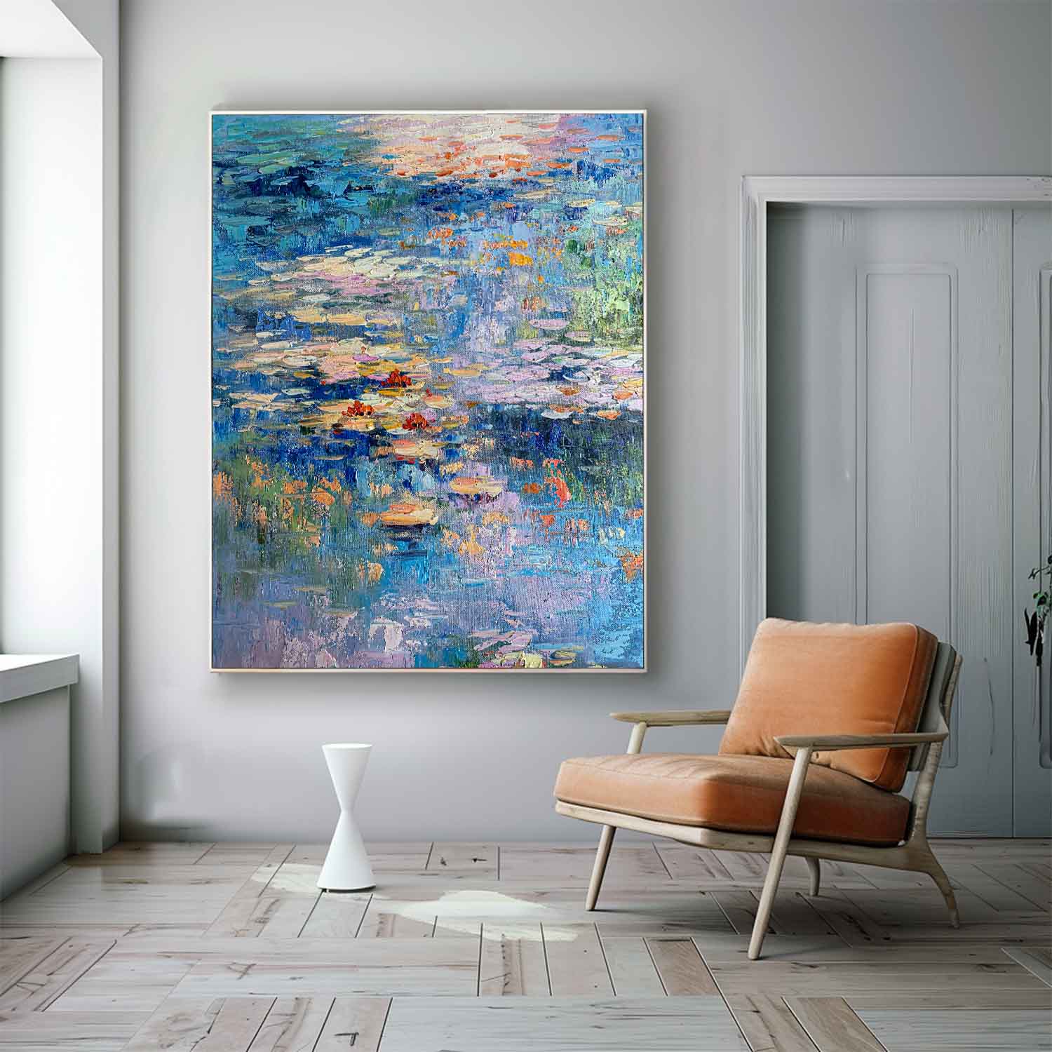 Flowers On The Lake Textured Abstract Wall Art Impressionism River Abstract Painting Framed Home Decor