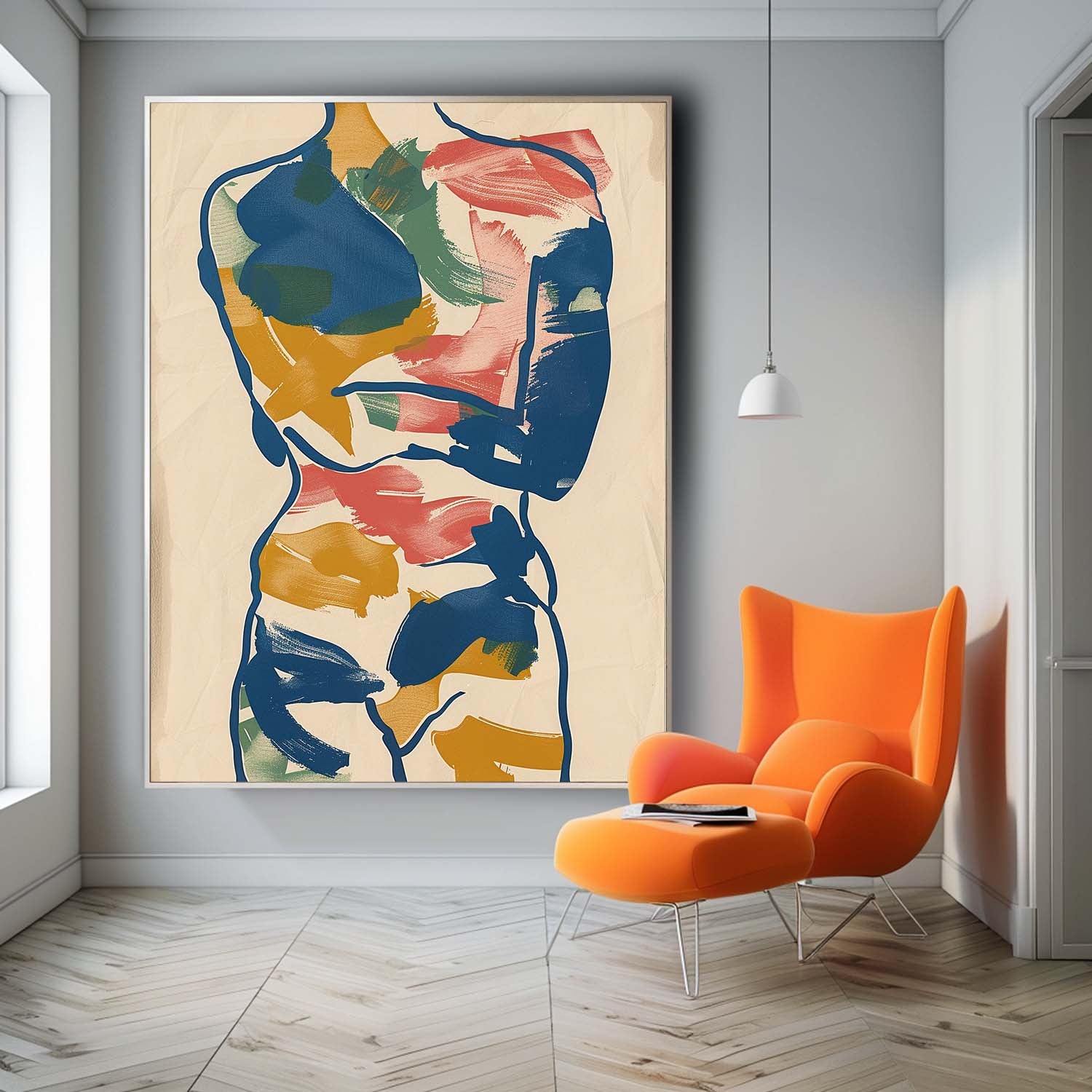 Vibrant Boho Original Abstract Color Body Line Outline Wall Art Figure Contour Acrylic Painting Minimalism Artwork