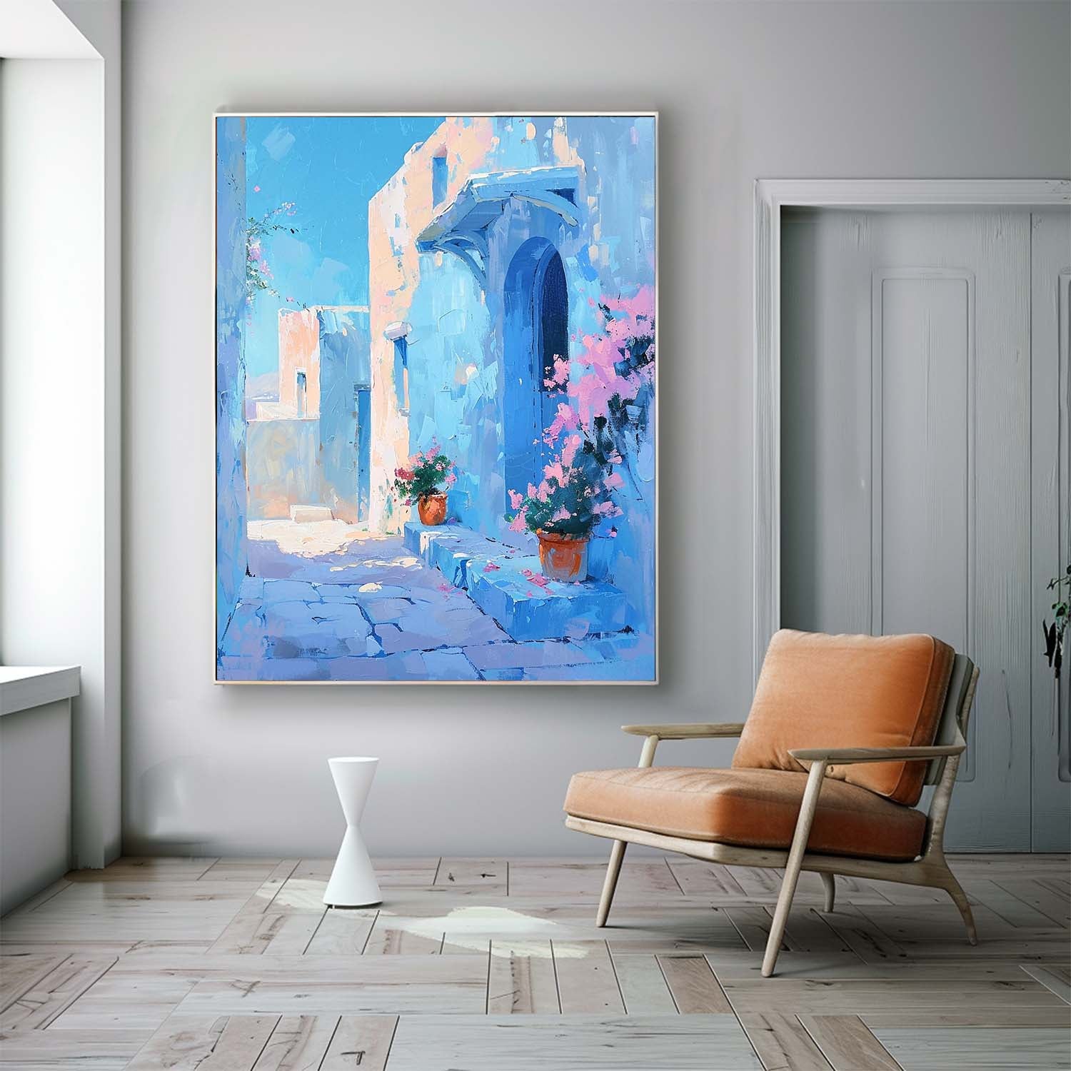 Large Alley Wall Art Original Modern Oil Painting On Canvas Dreamy Blue Building Abstract House Art Home Decor