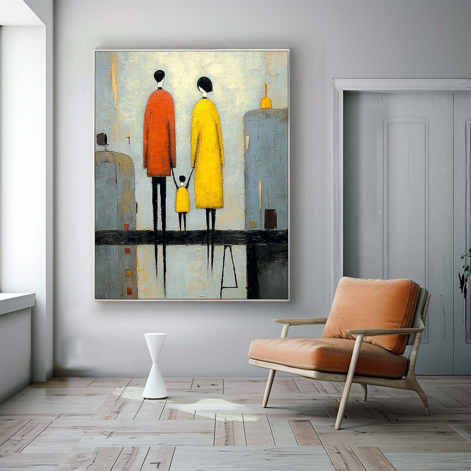 Minimalist Family Wall Art Original Neutral Background Oil Painting Modern City Silhouette Home Decor