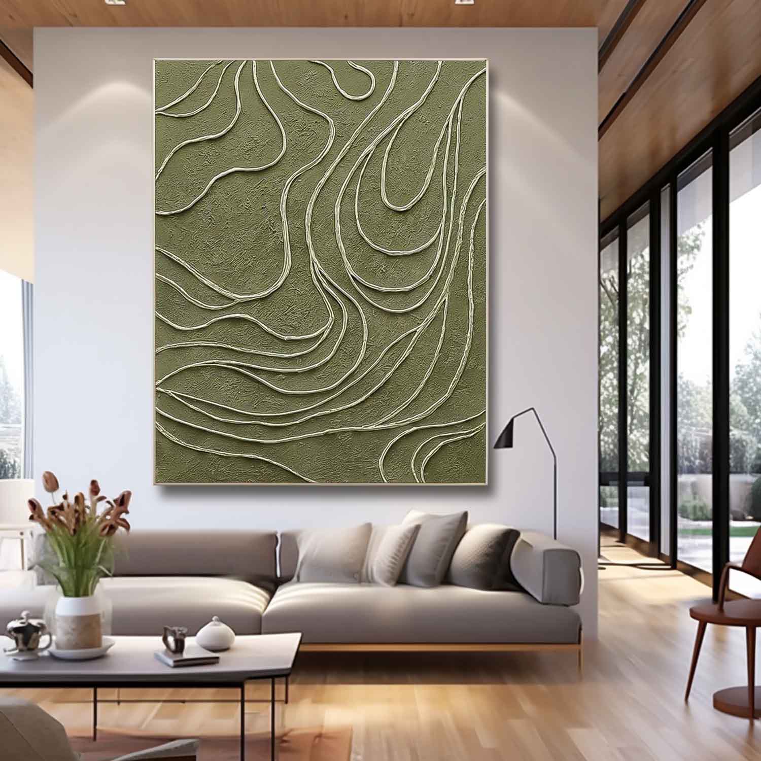 Original Hand-Painted Artwork Large Green Wall Art Minimalist lines Abstract Canvas Oil Painting