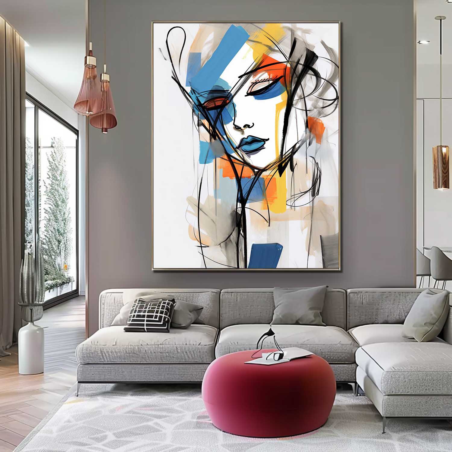 Abstract Lines Character Painting Framed Artwork Large Figure Acrylic Painting Original Color Minimalism Wall Art